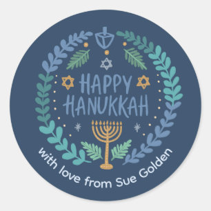 HAPPY HANUKKAH Modern Hand-Drawn Cute Whimsical Classic Round Sticker