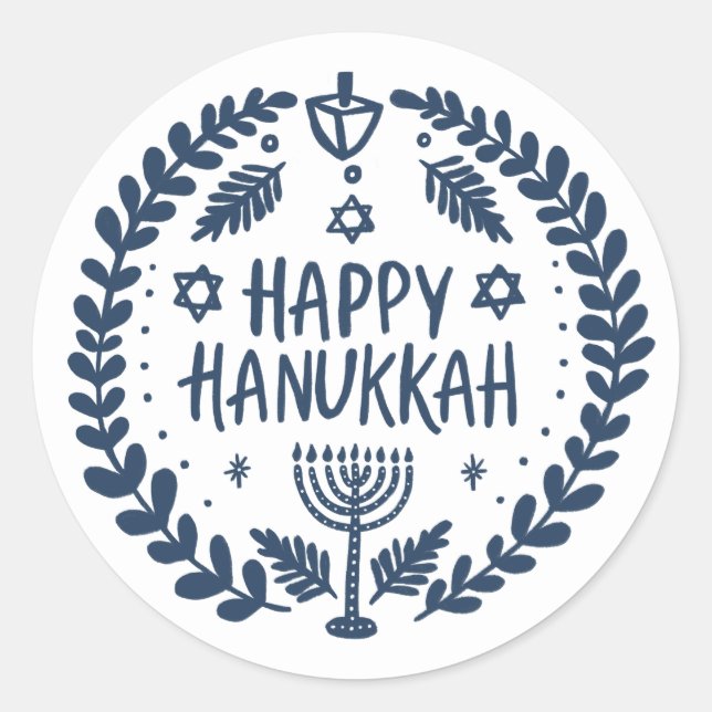 HAPPY HANUKKAH Modern Hand-Drawn Cute Whimsical  Classic Round Sticker (Front)