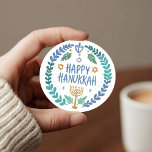 HAPPY HANUKKAH Modern Hand-Drawn Cute Whimsical  Classic Round Sticker<br><div class="desc">Perfect sticker for a Jewish celebration! Hand made art for you. FULLY CUSTOMIZABLE! Click "edit using design tool" to add text and adjust the colours and placements. THANK YOU FOR SUPPORTING INDEPENDENT ARTISTS! All artwork and designs are created by me. I love to draw and paint! Thanks for shopping with...</div>