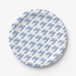Happy Hanukkah Modern Holiday Typography Blue Paper Plate