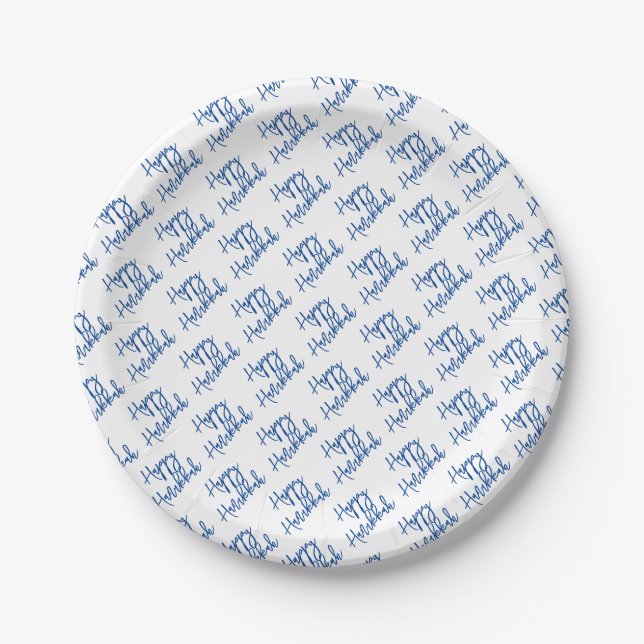 Happy Hanukkah Modern Holiday Typography Blue Paper Plate (Front)