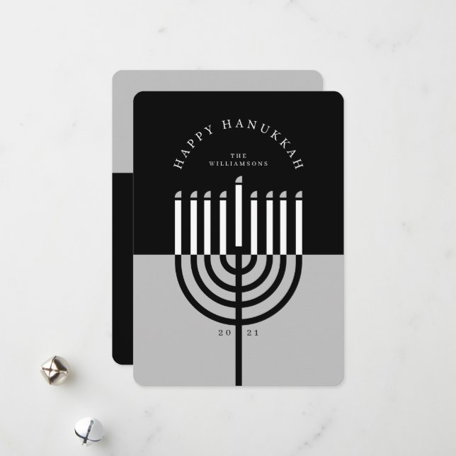 Happy Hanukkah Modern Menorah Candle Black & Grey Holiday Card (Front/Back In Situ)