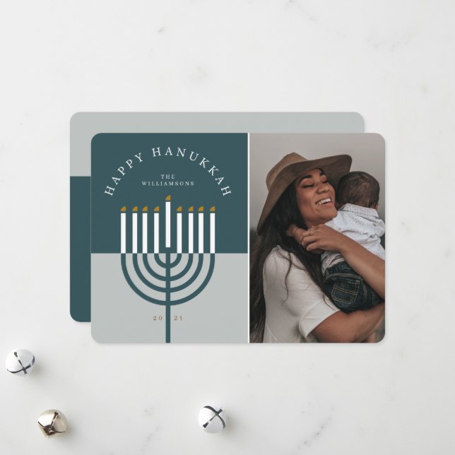Happy Hanukkah Modern Menorah Candle Family Photo Holiday Card (Front/Back In Situ)