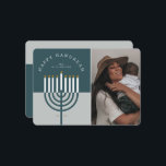 Happy Hanukkah Modern Menorah Candle Family Photo Holiday Card<br><div class="desc">Happy Hanukkah, send your Hanukkah wishes to your family and friends with our beautiful and modern customisable photo Hanukkah holiday card. Our design features our modern menorah candle. A modern teal blue and grey-blue colour palette are used. "Happy Hanukkah" is written in a modern font and arch around the menorah...</div>