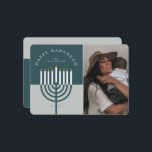 Happy Hanukkah Modern Menorah Candle Family Photo Holiday Card<br><div class="desc">Happy Hanukkah, send your Hanukkah wishes to your family and friends with our beautiful and modern customisable photo Hanukkah holiday card. Our design features our modern menorah candle. A modern teal blue and grey-blue colour palette are used. "Happy Hanukkah" is written in a modern font and arch around the menorah...</div>