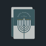 Happy Hanukkah Modern Menorah Candle Teal Blue Holiday Card<br><div class="desc">Happy Hanukkah, send your Hanukkah wishes to your family and friends with our beautiful and modern customisable holiday card. Our design features our modern menorah candle. A modern teal blue and blue-grey colour palette are used. "Happy Hanukkah" is written in a modern font and arch around the menorah candle. Customise...</div>