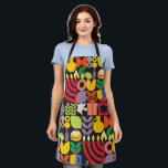 Happy Hanukkah Modern Menorah Latkes & Stars  Apron<br><div class="desc">MAKE THE KITCHEN 'STAFF' SMILE THIS Hanukkah / Chanukah party with personalised Hanukkah / Chanukah modern Geometric Aprons. Menorah, Potato Latkes, Dreidesl, Doughnuts, Stars & Olive oil... Jewish Hanukkah Symbols- they are all here!. Happy Hanukkah wishes... This upscale, modern, look, is a great way to wish friends & family a...</div>