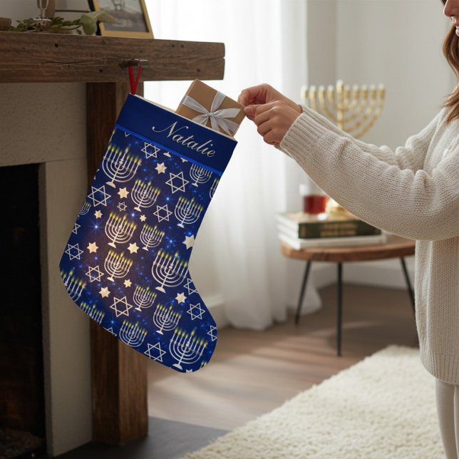 Happy Hanukkah Modern Menorah Personalised Name Small Christmas Stocking (Creator Uploaded)