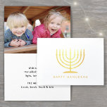 Happy Hanukkah Modern Minimalist Menorah One Photo Foil Card<br><div class="desc">Wish family and friends the simple gifts of light and love for Hanukkah with an elegant custom photo folded card. All text on this template (including "Happy Hanukkah" on front) is simple to customise with any wording. The black, white and gold foil design features modern minimalist typography, a menorah with...</div>