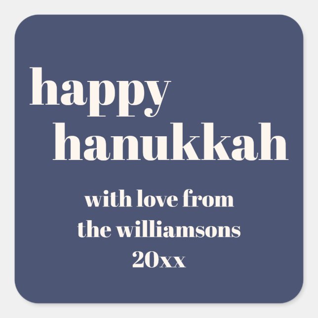 Happy Hanukkah Modern Navy Blue Personalised Square Sticker (Front)
