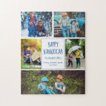 Happy Hanukkah Modern Photo Collage Cute Custom Jigsaw Puzzle<br><div class="desc">This cute,  trendy Happy Hanukkah puzzle features a modern layout of 5 family photos on a white background with blue typography. This beautiful Jewish photo holiday gift features your own photograph collage surrounding your message and family name.</div>