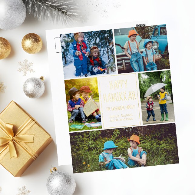 Happy Hanukkah Modern Photo Collage Elegant Gold Foil Holiday Postcard (Creator Uploaded)