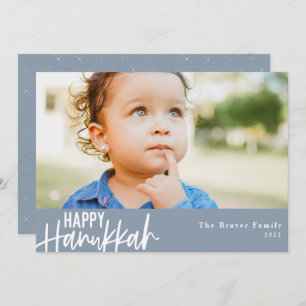 Happy Hanukkah Modern Photo Dusty Blue Holiday Card
