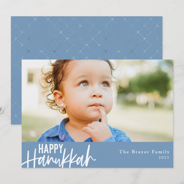Happy Hanukkah Modern Photo Light Blue Holiday Card (Front/Back)