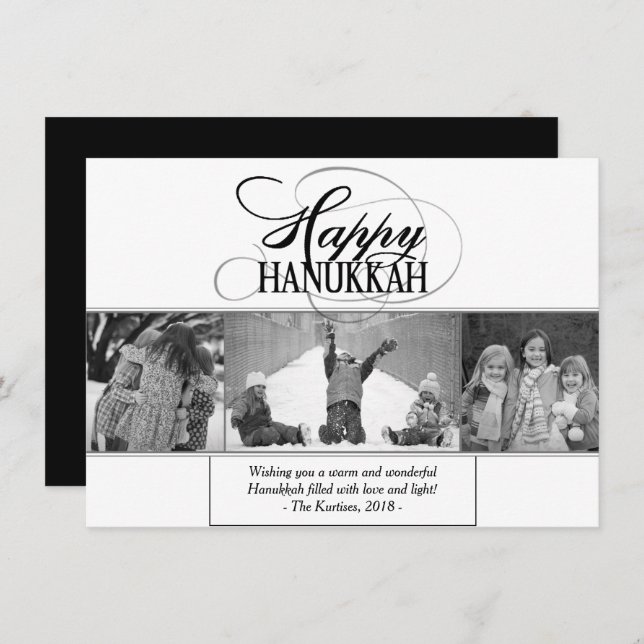 Happy Hanukkah | Modern Script Black White 3 Photo Holiday Card (Front/Back)