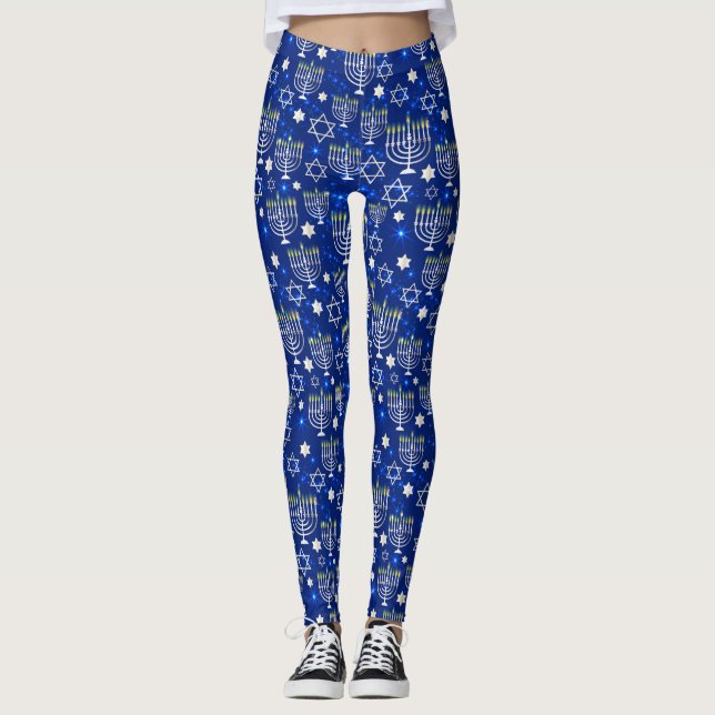 Happy Hanukkah Modern Star Of David Menorah Leggings (Front)