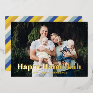 Happy Hanukkah modern stripes custom photo Foil Holiday Card