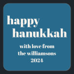 Happy Hanukkah Modern Teal Blue Personalised Square Sticker<br><div class="desc">Elevate your Hanukkah celebrations with this Happy Hanukkah Modern Teal Blue Personalised Square Sticker. Featuring a chic teal blue background with contemporary design elements, this sticker is perfect for adding a personal touch to your holiday gifts, cards, or party favours. The modern typography and clean lines create a stylish and...</div>