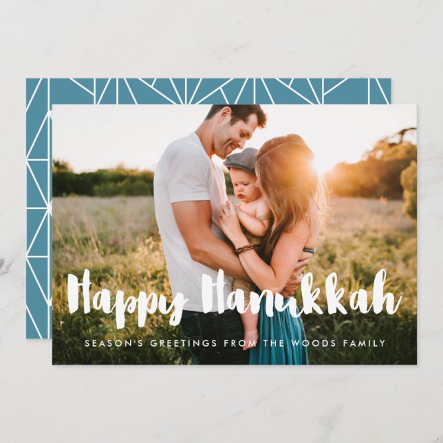 Happy Hanukkah Modern typography family photo Holiday Card (Front/Back)