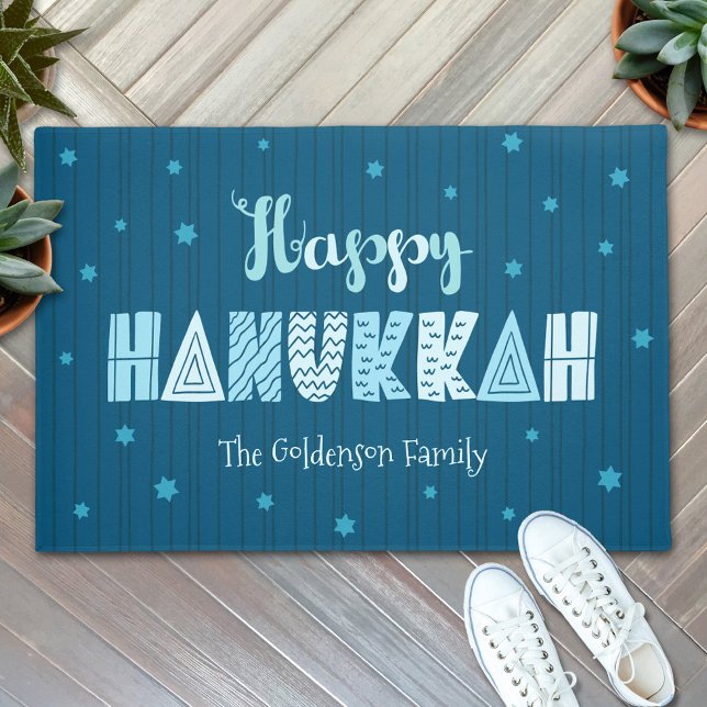 Happy Hanukkah Modern Whimsical Typography Teal Doormat (Creator Uploaded)