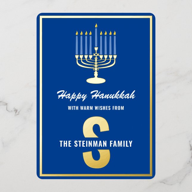 Happy Hanukkah Monogram Family Name Menorah Candle Foil Holiday Card (Front)