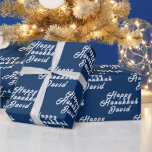 Happy Hanukkah Name Blue White Simple Menorah Wrapping Paper<br><div class="desc">Personalised,  happy Hanukkah,  menorah,  name,  modern,  elegant,  blue and white,  wrapping paper. Perfect for her,  him.</div>