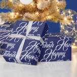 Happy Hanukkah navy blue and white elegant script Wrapping Paper<br><div class="desc">Happy Hanukkah navy blue and white elegant script pattern gift Wrapping Paper.
White script typography pattern on navy blue background colour.</div>