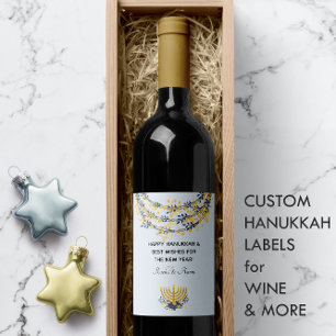 Happy Hanukkah Navy & Gold Flowers Menorah Blue Wine Label