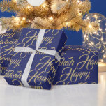 Happy Hanukkah navy gold modern elegant script Wrapping Paper<br><div class="desc">Happy Hanukkah faux gold and navy blue modern elegant script pattern gift Wrapping Paper.
Faux gold script typography pattern on navy blue background.</div>