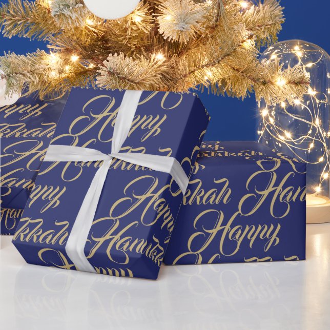 Happy Hanukkah navy gold modern elegant script Wrapping Paper (Holidays)