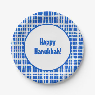 Happy Hanukkah! Painted Plaid Blue and White Paper Plate