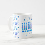 Happy Hanukkah Party Beautiful Blue Decoration Coffee Mug<br><div class="desc">Happy Hanukkah Party Beautiful Blue Decoration, Jewish Holiday, Coffee Mug and Cup. Jewish Holiday Hanukkah background with traditional Chanukah symbols - wooden dreidels (spinning top), doughnuts, gold menorah, candles, star of David and glowing lights wallpaper pattern. Hanukkah Festival Event Decoration. Jerusalem, Israel. Home > Kitchen & Dining > Drinkware >...</div>