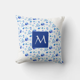 Happy Hanukkah Party Beautiful Blue Monogram Cushion