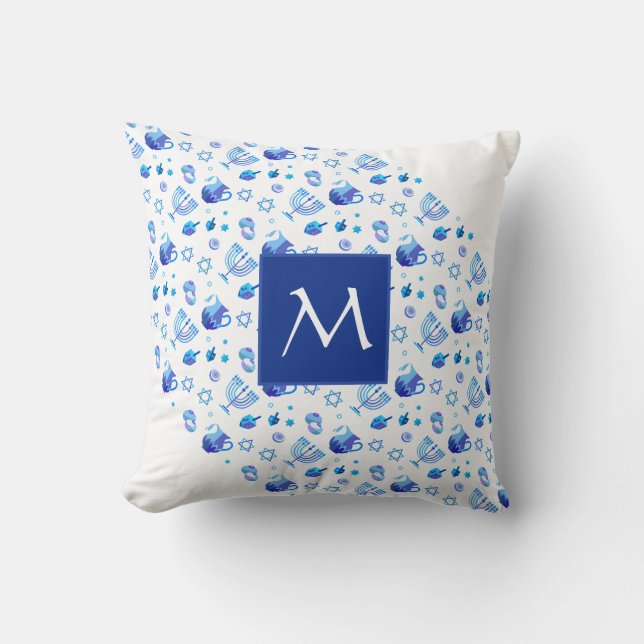 Happy Hanukkah Party Beautiful Blue Monogram Cushion (Front)