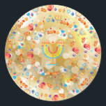 Happy Hanukkah Party Beautiful Decoration Classic Round Sticker<br><div class="desc">Happy Hanukkah Party Beautiful Decoration, Jewish Holiday, Classic Round Sticker. Jewish Holiday Hanukkah background with traditional Chanukah symbols - wooden dreidels (spinning top), doughnuts, gold menorah, candles, star of David and glowing lights wallpaper pattern. Hanukkah Festival Event Decoration. Jerusalem, Israel. Crafts & Party Supplies > Gift Wrapping Supplies > Stickers...</div>