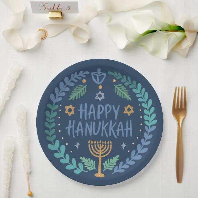 Happy Hanukkah Party Whimsical Cute Hand-Drawn  Paper Plate (Wedding)