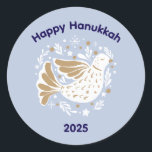 Happy Hanukkah Peace Dove 2025 Sticker<br><div class="desc">Happy Hanukkah Peace Dove 2025 Sticker Celebrate the Festival of Lights with this charming Happy Hanukkah 2025 sticker featuring a graceful peace dove surrounded by stars and leaves. Perfect for sealing envelopes, decorating Hanukkah gifts, kids party favours, or labelling homemade treats. Available in various shapes, two sizes, and your choice...</div>