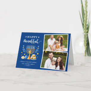 Happy Hanukkah Peace Love Latkes Blue 2 Photo Holiday Card