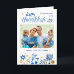 Happy Hanukkah Peace Love Latkes Festive Photo Holiday Card<br><div class="desc">Send your Wishes with this Photo Holiday Card that feature a Watercolor Happy Hanukkah Script and Menorah Candles to highlight your greeting message.</div>