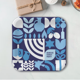 Happy Hanukkah Personalised Modern Menorah & Stars Paper Plate