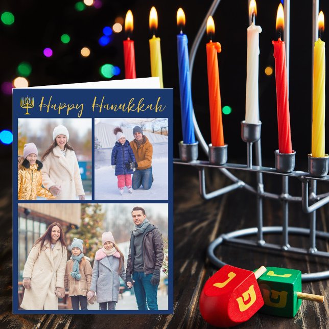 Happy Hanukkah Photo Collage Modern Blue Folded Holiday Card (Creator Uploaded)