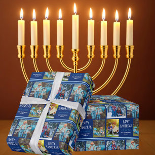 Happy Hanukkah Photo Collage Personalised Blue Wrapping Paper