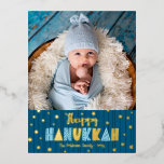 Happy Hanukkah Photo Modern Cute Blue Real Gold Foil Holiday Postcard<br><div class="desc">“Happy Hanukkah.” Fun, playful, whimsical handcrafted real gold foil and light blue typography, a random gold foil Star of David pattern, and midnight navy blue hand drawn lines overlay a dark teal blue background. Add the photo of your choice and help usher in Hanukkah with this stunning, colourful, personalised real...</div>