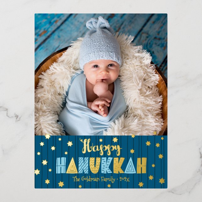Happy Hanukkah Photo Modern Cute Blue Real Gold Foil Holiday Postcard (Front)