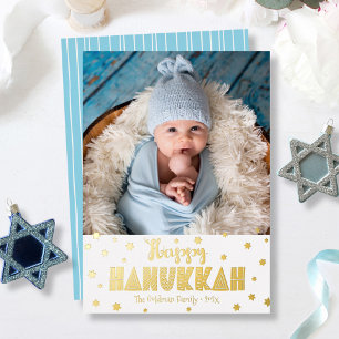 Happy Hanukkah Photo Modern Whimsical Real Gold Foil Holiday Card