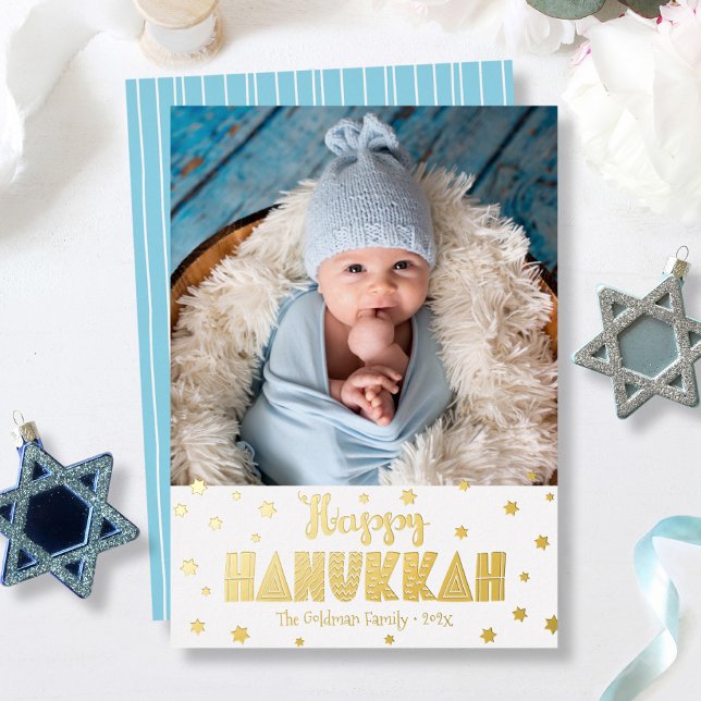 Happy Hanukkah Photo Modern Whimsical Real Gold Foil Holiday Card (Creator Uploaded)