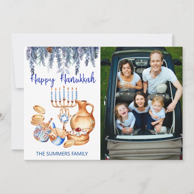 Happy Hanukkah Photo Template Menorah Pine Drop (Front)