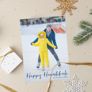 Happy Hanukkah Photo Trendy Vertical Blue Script Holiday Card