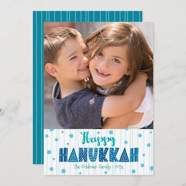 Happy Hanukkah Photo Turquoise Typography Bold  Holiday Card (Front/Back)