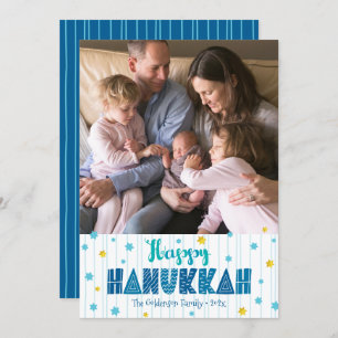 Happy Hanukkah Photo Typography Gold Stars Modern Holiday Card
